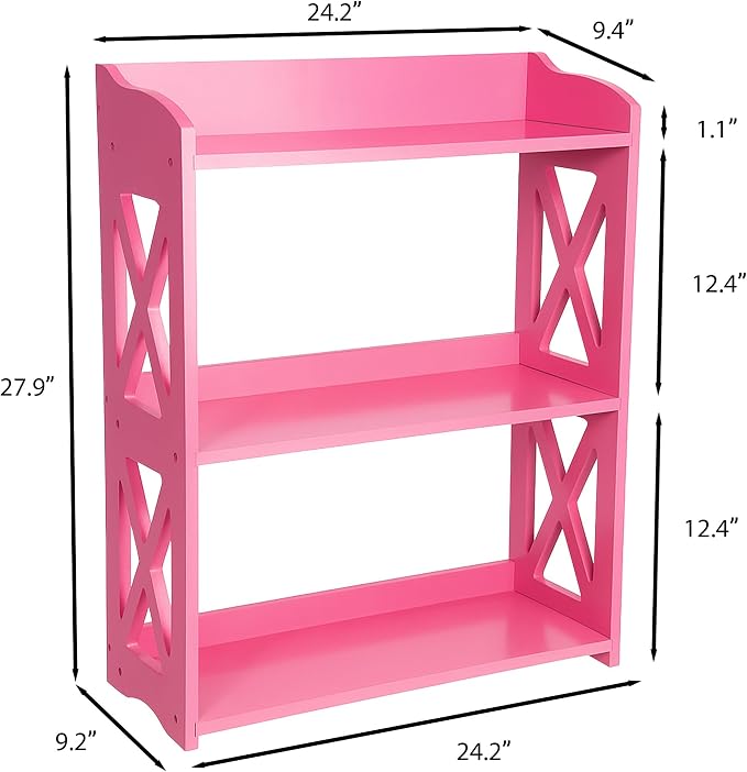 Pink Bookcase by Natural Wood, 3 Tier Bookshelf, Small Book Shelves Freestanding Display Storage Shelves. Open Bookshelf for Bedroom, Living Room and Office (Pink, 3 Tier)