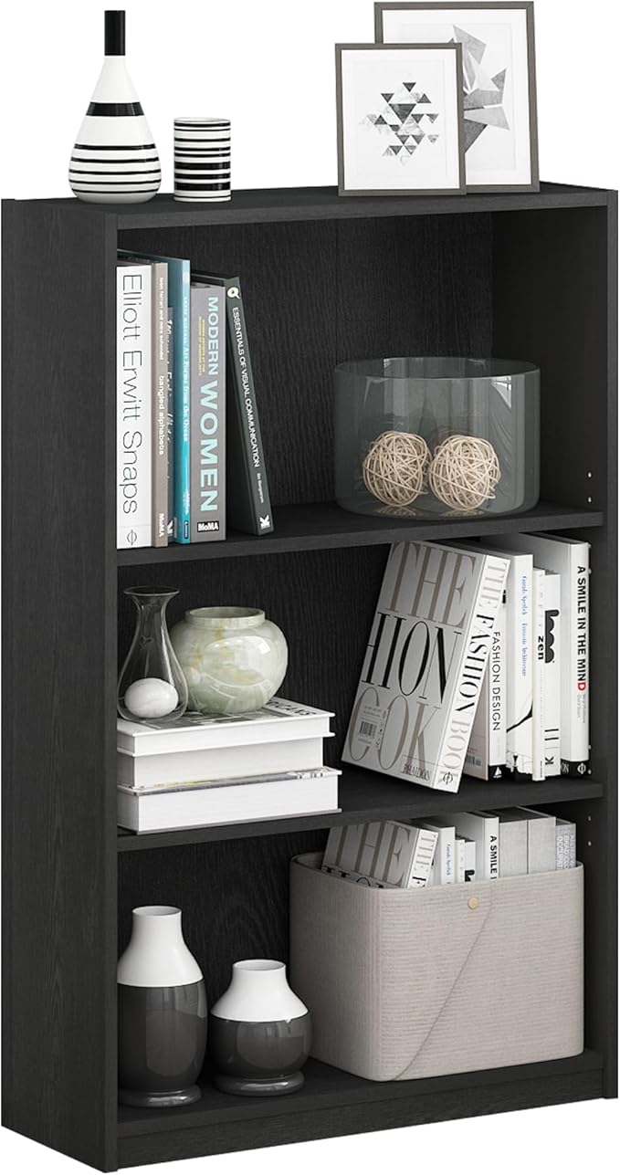 Furinno Jaya Book Shelf, 3-Tier Bookshelf, Bookcase with Adjustable Shelves, 9.5 x 24.5 x 40.3, for Organization and Storage, for Living Room, Bedroom, Home Office, Blackwood