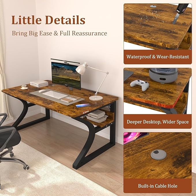 55 X 23.6'' Computer Desk, Home Office Desks w/Shelf Storage, Computer Desk w/Metal Frame, Cable Management, Study Student Desk Writing Work Table Deeper & Thicker Desktop for Home Bedroom