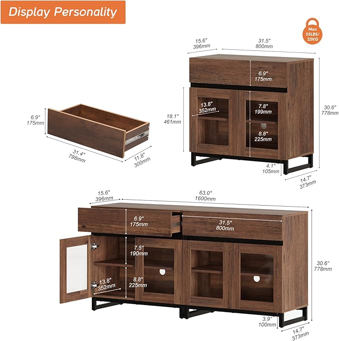 WAMPAT 63'' Multifunctional Sideboard Buffet Cabinets with 4 Glass Doors, Modern Sideboard Credenza, Coffee Bar Storage Cabinet for Living Room, Kitchen, Brown