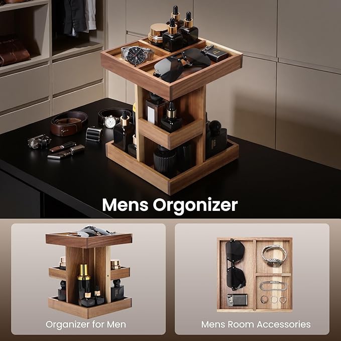 EXIN DECHEN Cologne Organizer for Men,Cologne Stand,3 Tier Wooden Perfume Shelf with Rotate,Desk Organizer,Gifts for Dad From Wife,Husband Boyfriend Birthday Gift Ideas,Valentine's Day Gifts for Men