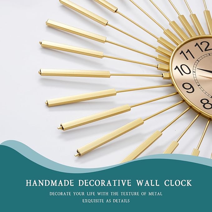 Gold Wall Clock Decor Silent 24" Battery Operated, Mid Century Modern Decorative Clock Metal Hanging for Living Room Bedroom Office