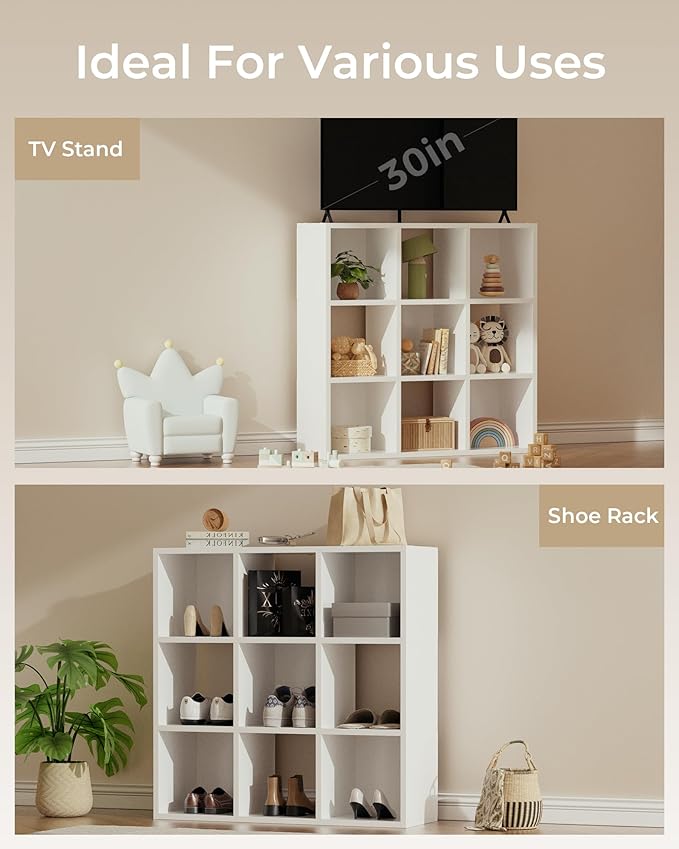 GTPLAYER 9-Cube Storage Organizer, Fits 11" Bins, Vertical or Horizontal Use, Opening Bookshelf, Partial Back Panels, Stackable Design Bookcase, for Closet, Bedroom, White