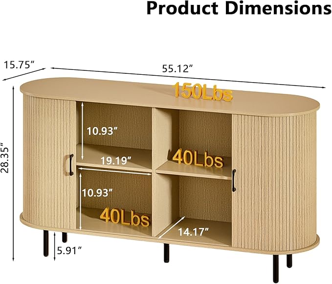 PUKAMI 55" Wood Buffet Sideboard Cabinet with Storage, Mid-Century Modern Coffee Bar Cabinet with Sliding Doors & Shelves, Accent Credenza Console Table for Kitchen, Dining Room, Entryway (Oak)