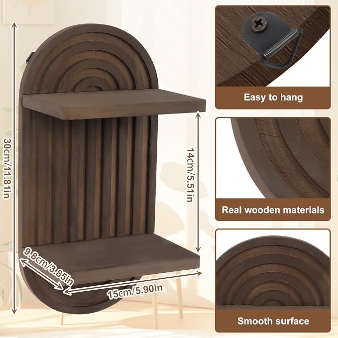 Qivine Boho Wall Shelf 2 Pcs 2 Tier Shelves for Room Wall Wood Floating Shelf with Arched Wood Design Wall Mounted for Living Room, Bedroom, Bathroom Decor (Brown, 2-Tier)