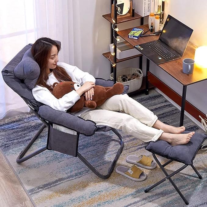 Lazy Chair with Ottoman, Lazy Sofa Back Chair,Foldable Modern Lounge Accent Chair with Armrests and a Side Pocket, Leisure Upholstered Sofa Chair Set, Reading Chair with Footrest for Small Space