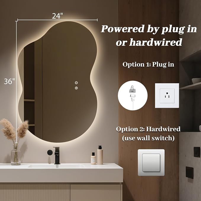 WallBeyond 36"x24" Irregular LED Bathroom Mirror with Lights, Asymmetrical Backlit Vanity Mirror for Powder Room or Makeup Area, Dimmable & Anti-Fog, Dual Mounting