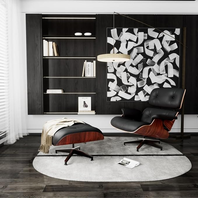 TigerParty Mid Century Chaise Lounge Chair with Ottoman, Top Black Grain Leather, Modern Office Chair Classic Design, Heavy Duty Base Support for Living Room Lounge Office