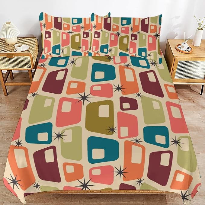 Modern Mid Century Duvet Cover Queen Retro Atomic Bedding Set, Rainbow Grid Comforter Cover Vintage Fifties 1950s Bed Set，Abstract Art Bedding 3 Piece (1 Duvet Cover 86"x70" + 2 Pillow Sham 20"x30")