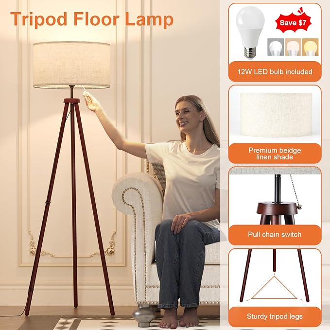 LiteHistory Wood Tripod Floor Lamps for Bedroom, Living Room, and Office, Corner lamp with Beige Linen Shade, 12W Three-Color Bulb Included, Pull Chain Switch, Gifts for mom for Home Decor, Walnut