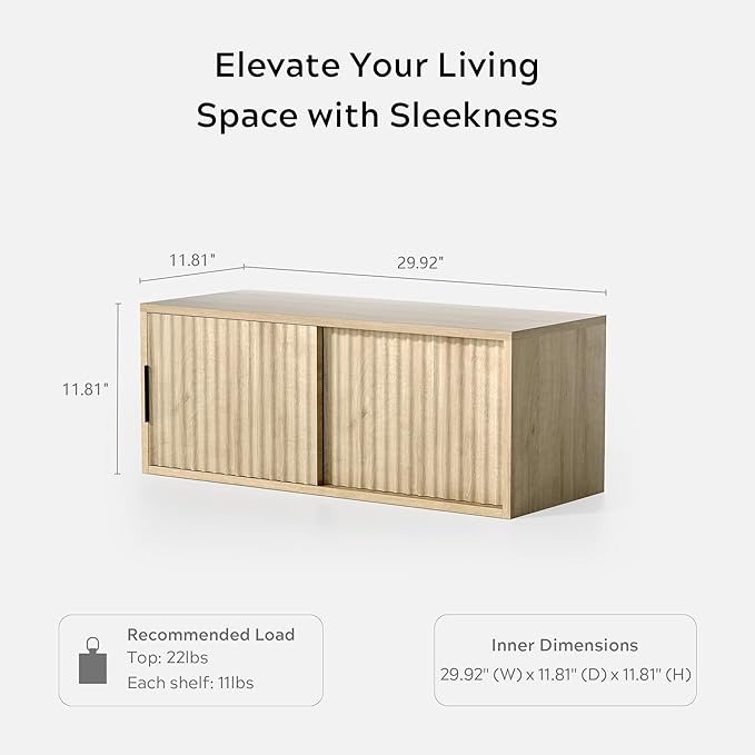 Large Wall Nightstand with Sliding Doors, Modern Fluted Night Stand Storage Shelf Wall Mounted Bedside Tables for Bedroom, Study Room Light Oak