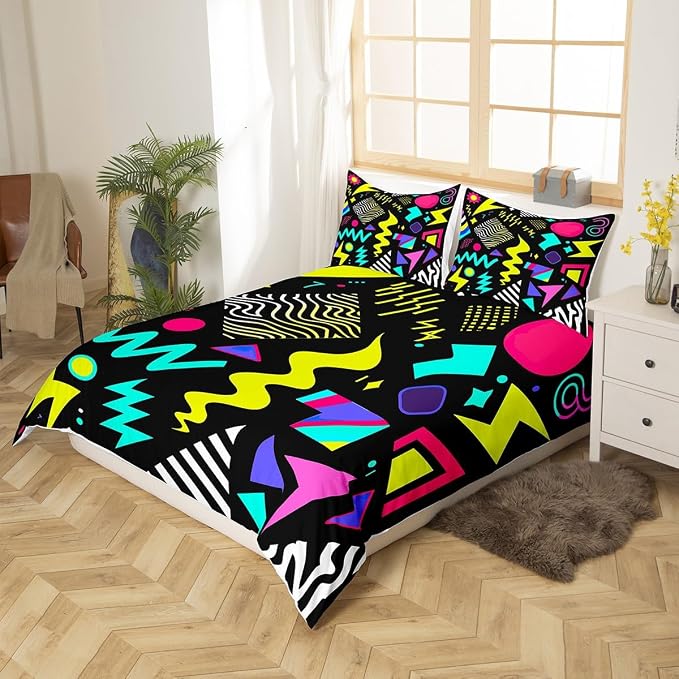 80s 90s Bedding Set Memphis Pattern Old Fashioned Comforter Cover King,Geometric Abstract Colorful Dots Funky Duvet Cover Retro Bed Set,Multicolor Cute Vintage Rainbow 80'S Style 1980S Home Decor