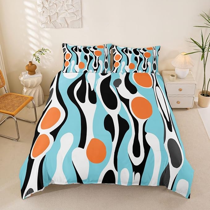 Erosebridal Organic Abstract Duvet Cover Set Modern Contemporary King Bedding Set for Adult Men Boho Mid Century Wavy Lines Comforter Cover Retro Geometric Bed Sets,Turquoise Orange