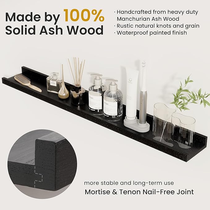 Solid Ash Wood Picture Ledge Shelf, 36 Inch Floating Shelves with Lip Set of 2, Photo Ledge Shelf Nursery Bookshelf Wall Mounted for Living Room Bedroom Decor, Black