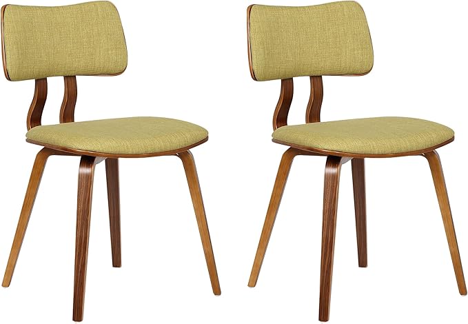Armen Living Jaguar Mid-Century Dining Chair in Walnut Wood and Green Fabric - Set of 2