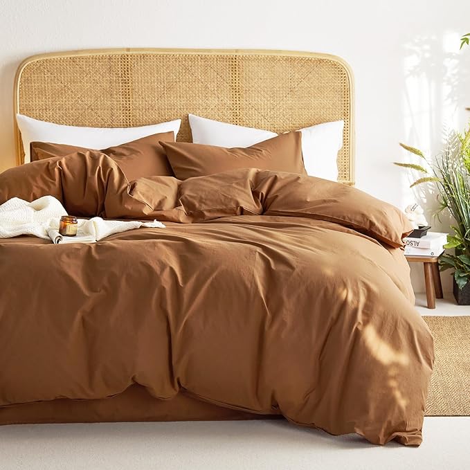 Wake In Cloud - Cotton Duvet Cover Set, 100% Washed Cotton, Linen Like Textured, Breathable Durable Comfy Farmhouse Neutral Bedding Set, 3 Pieces, Terracotta, King Size