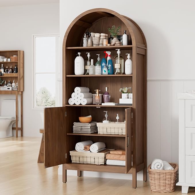 70.9" Tall Storage Cabinet with Fluted Doors, Arched Freestanding Cabinet with 5 Shelves, Wooden Bookcase Storage Cabinet Suitable for Living Room, Dining Room, Bathroom