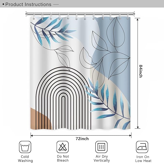 Abstract Mid Century Bathroom Shower Curtain - Bohemian Eucalyptus Leaves Stripes Arch Light Blue With Hooks, Waterproof Fabric Polyester Home Decor, 72x84 Inch