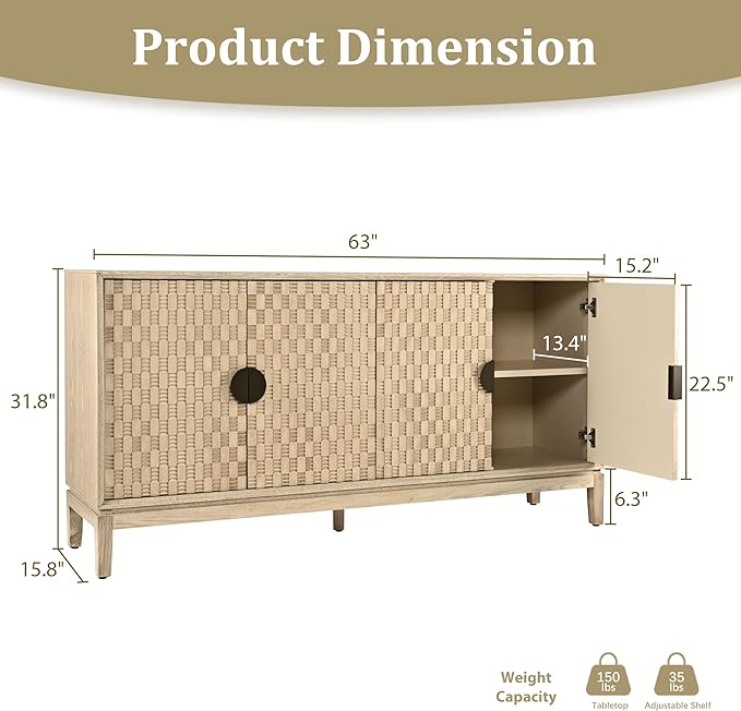 Buffet Cabinet with Storage, Distressed Storage Cabinet with 4 Carved Doors and Adjustable Shelf, Wooden Accent Sideboard Buffet Cabinets for Kitchen, Living Room, Entryway, Light Brown