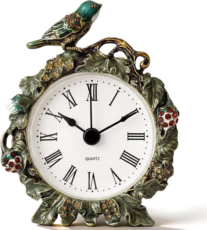Kenning Vintage Mini Table Clock, 3.5 Inch Small Decorative Metal Non Ticking Analog Quartz Battery Operated Table Top Clock for Living Room Bedroom Bedside Desk Decor(Bird)