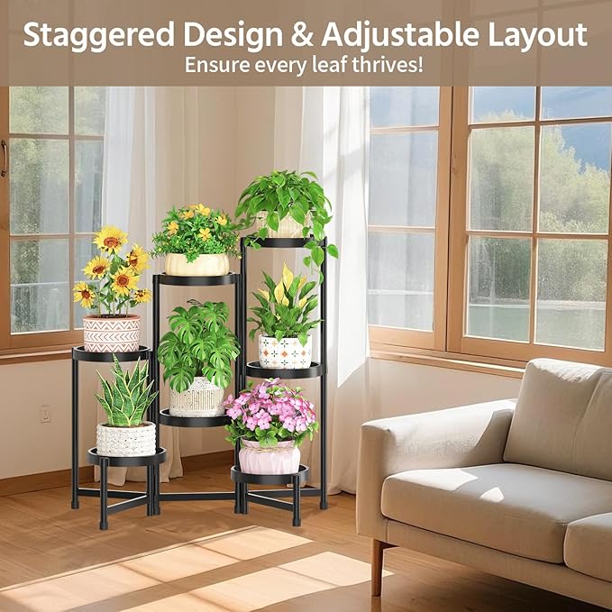 LASZOLA 7 Tiered Plant Stand Indoor Outdoor with Plastic Tray, Corner Folding Tall Flower Display Rack, Modern Plant Holder Shelf for Outdoor Patio Porch Garden Office Living Room, Black