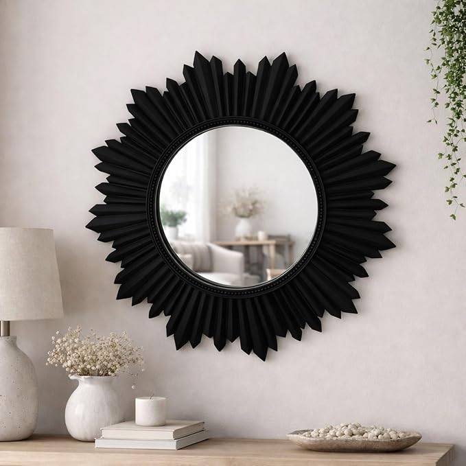 Armanda Collection Sunburst Round Wall Mirror Handmade Resin Frame Decorative Home Accent (Black)