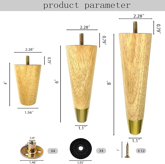 8 inch Wood Furniture Legs with Gold Caps Solid Rubber Wooden Modern Replacement Sofa Legs for Dresser Cabinet Vanity Ottoman Natural Straight Couch Legs 4 Pack
