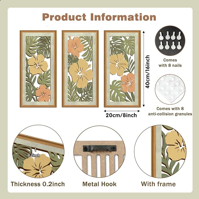 Celestdeco 3 Pcs Boho Flower Market Wall Decor Floral Botanical Modern Wood Wall Art Bohemian Floral Hanging Decor Abstract Minimalist Wooden Art for Living Room Bedroom Office 7.9 x15.8 Inch