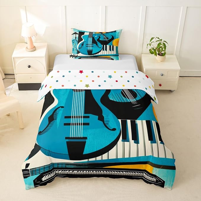 Erosebridal Retro Music Duvet Cover Twin for Adults - Modern Musical Instrument Bedding Set Abstract Geometric Square Comforter Cover,Mid Century Jazz Bed Set