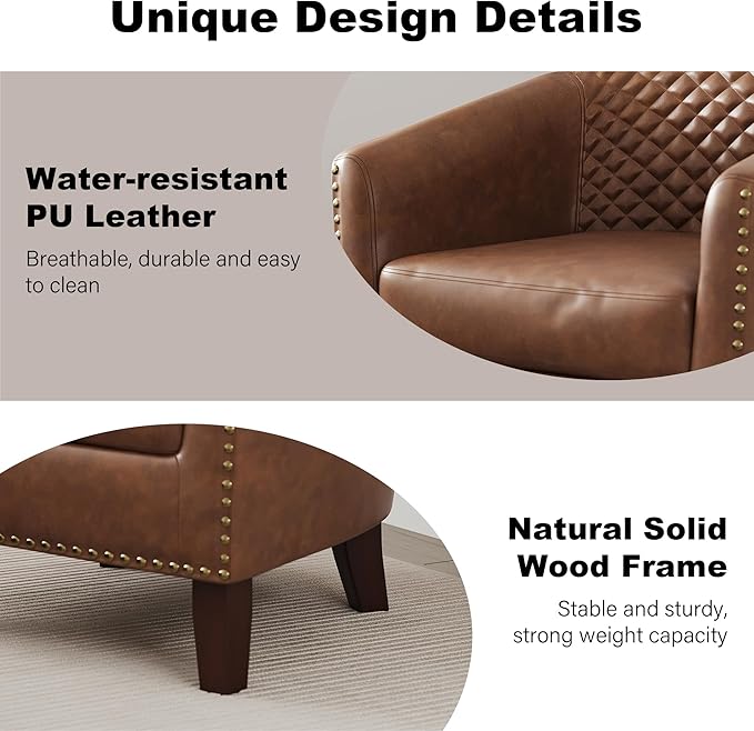 Accent Barrel Chair, Upholstered Faux Leather Club Chair with Nailed Trim, Comfy Reading Armchair for Living Room Bedroom Reception Room Office (Brown, Set of 4)