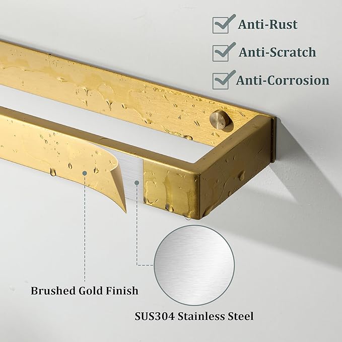 Sayayo Brushed Gold Towel Bar for Bathroom, 12 Inch Hand Towel Holder Wall Mount, Screw or Self Adhesive Towel Ring Square SUS304 Stainless Steel, 3.2 Inch Wide