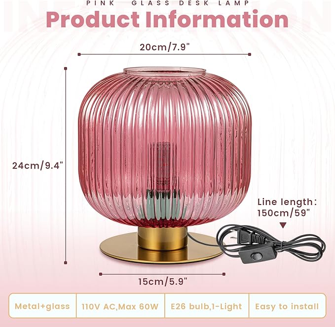 Small Bedside Table Lamp, Pink Bedside Lamp Globe Table Lamps with Striped Glass Shade, Modern Bedroom Nightstand Lamp Living Room Side Table Lamp Decorative Table Lamps for Girls Women