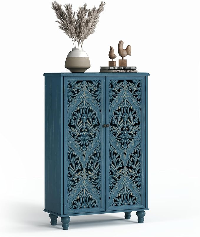 47" Tall Accent Cabinet with Navy Blue Mandala Carved Doors, Solid Wood Legs Storage Cabinet with 100 lbs Capacity, Boho Farmhouse Sideboard Buffet for Entryway, Living Room & Coffee Bar