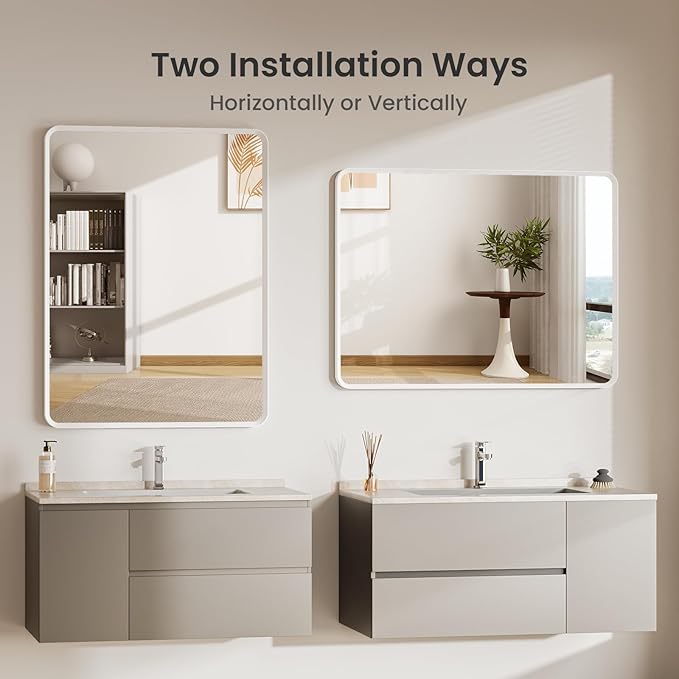 24x36 inch White Bathroom Mirror, White Metal Framed Rounded Rectangle Wall Mount Vanity Mirror, HD Tempered Glass, Aluminum Frame, Horizontal or Vertical Hanging, Modern Home Decor