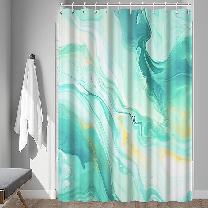 Turquoise Shower Curtain, Modern Teal and Gold Marble Shower Curtain for Bathroom Aesthetic Waterproof Shower Curtain Set with Hooks, 72x96 Inch