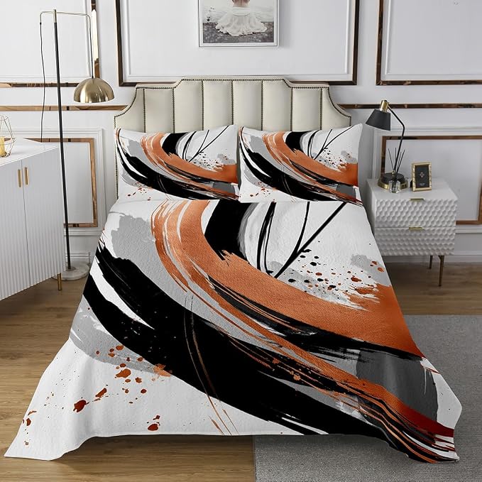 Erosebridal Black Burnt Orange Quilt Set Twin - Modern Geometric Decorative Abstract Coverlet Set Striped Bed Sets for Boys Adults Girls Minimalist Graffiti Aesthetic Lines Bedding Sets