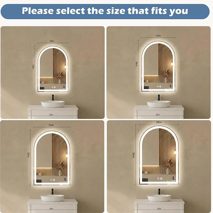 Sweetcrispy 24“x 36” Arched LED Bathroom Backlit Mirror with Lights | Vanity Wall Mirrors with Anti-Fog, Dimmable, 3-Color Light, Memory Function, Tempered Glass
