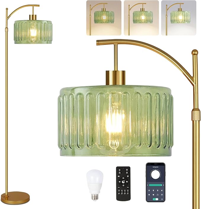 Glass Floor Lamp for Living Room,Bedroom,Gold Mid Century Modern Standing Lamp with Remote,Dimmable Brass Tall Lamp Vintage Retro Green Arc Flower Floor Light Boho Bohemian
