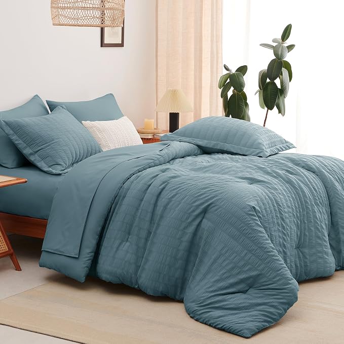 CozyLux Oversized Queen Comforter Set with Sheets, 7 Pieces 98"x98" Mineral Blue Seersucker Bed in a Bag, Luxury Bedding Sets with Down Alternative Comforter, Sheets, Pillowcases & Shams, Home Gift