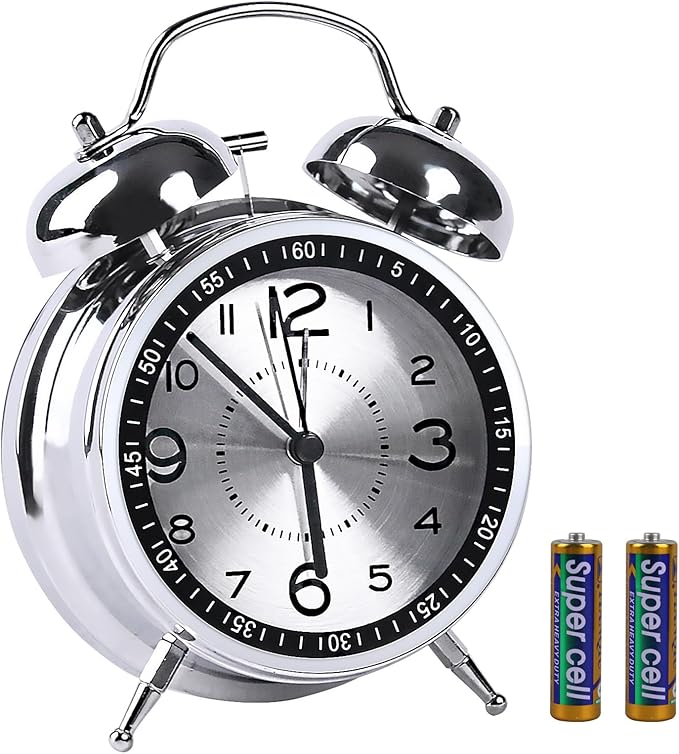 pxy Loud Alarm Clock for Heavy Sleepers 3D Dial Battery Operated (Battery Include), 4" Super Silent Analog Alarm Clock for Kids with Night Light PT260 Silver OrangePT260 Silver White