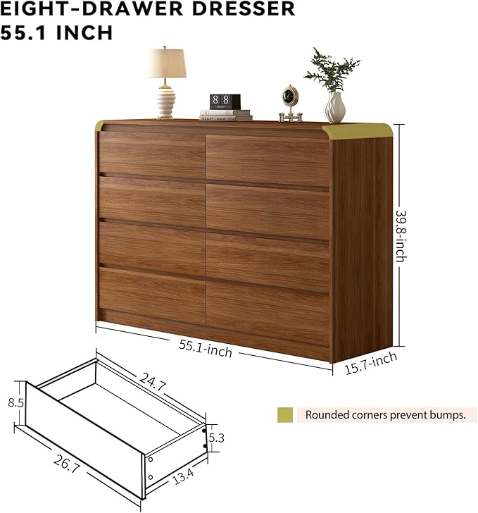 Modern 8-Drawer Dresser 55-Inch Wide, Curved Anti-Collision Design, Mid-Century Storage Cabinet with Pre-Embedded Slots, Sturdy Reusable, Ideal for Bedroom/Living Room/TV (Brown, 8-55.1)