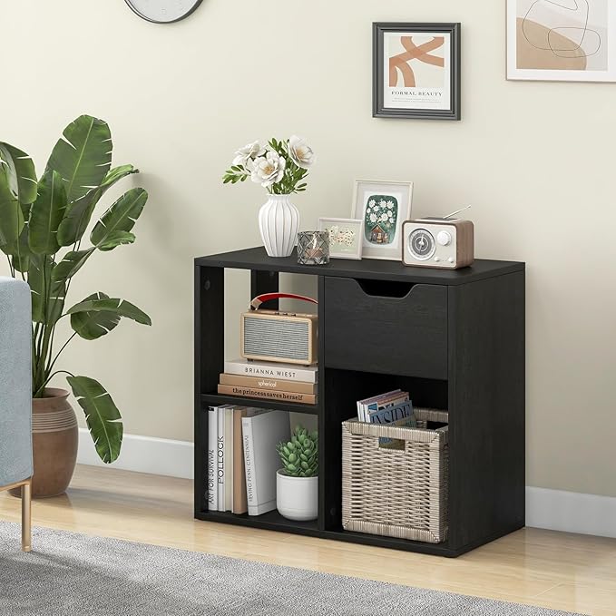 LOKO 3-Cube Bookshelf with Drawer Set of 2, 2-Tier Open Shelf Bookcase, Freestanding Display Shelf, Modern Home Storage Organizer, Shelving Unit for Living Room, Study, Office (2, Black)
