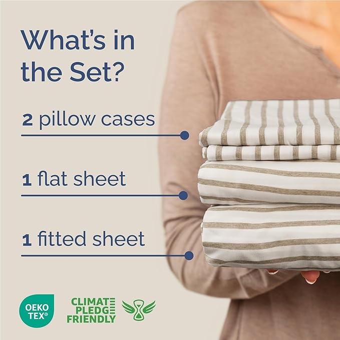 Full Size 4 Piece Sheet Set - Comfy Breathable & Cooling Sheets - Hotel Luxury Bed Sheets for Women & Men - Deep Pockets, Easy-Fit, Soft & Wrinkle Free Sheets - Beige Stripes Oeko-Tex Bed Sheet Set