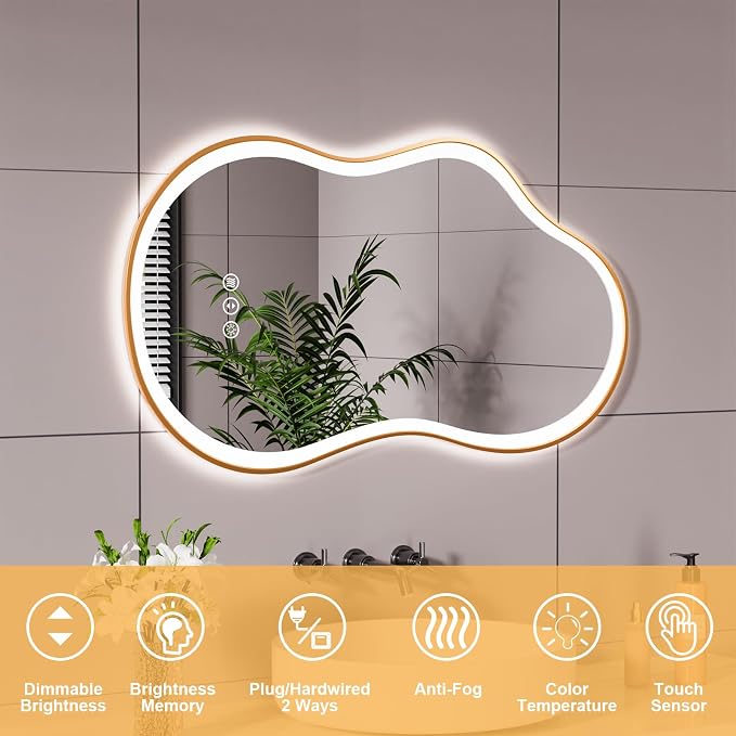 WTTY LED Irregular Bathroom Mirror 24x36 Inch with Front & Back Lights - Asymmetrical Design, Anti-Fog, Dimmable 3 Color Temperatures, Shatterproof Glass, Horizontal or Vertical Mount (Gold Frame)