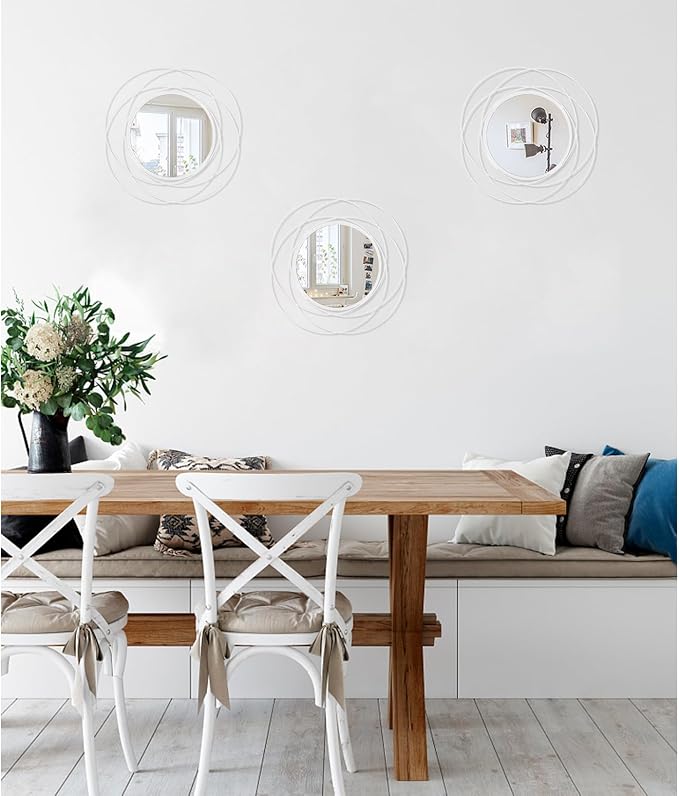 3 Pack Circle Mirror Wall Decorative Metal Wall Mirror, Art Small Round Wall Home Mirror, Decor Living Room Bedroom Bathroom Entryway 12" White