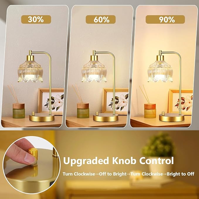 Glass Table Lamp Set of 2,Small Gold Bedside Lamps Dimmable Boho Bedroom Lamp with Tulip Flower Amber Lamp Shade,Vintage Mid Century Modern Mini Nightstand Lamp for Bedroom Living Room