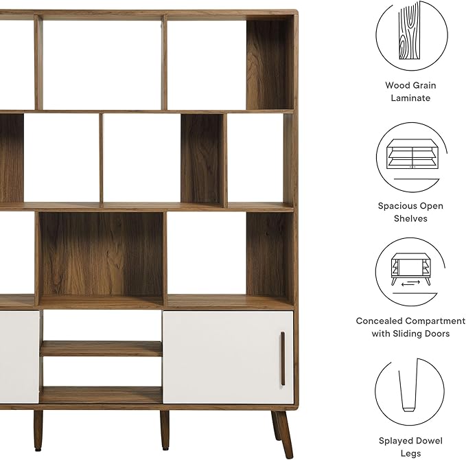 Modway Transmit 14 Shelf Bookcase with Sliding Doors in Walnut Linen - 59 Inch Wood Mid-Century Modern Bookshelf - 4 Tier Wide Open Display Storage Cabinet for Living Room, Office, Hallway