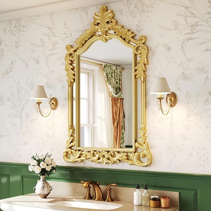 Large Gold Mirror for Wall Decor 30"x47" Vanity Antique Baroque Ornate Wall Mirrors Victorian Arched Mirror for Bathroom, Living Room, Entryway, Fireplace, Bedroom