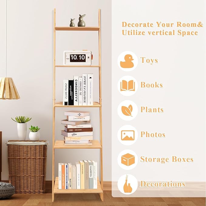Wall Leaning Ladder Shelf Bookcase,5-Tier Bamboo Storage Rack Shelvest,FreeStanding Plant Stand, Corner Display Shelves for Living Room, Bathroom, Kitchen, Office(65in)