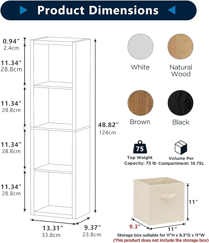 4 Cube Storage Organizer Single Row, Cube Shelf with Heavy-Duty Thick Boards, 13.31" L x 9.37" W x 48.82" H, Smooth Easy-Clean Panels, Simple Assembly, for Living Room Bedroom Office, Brown